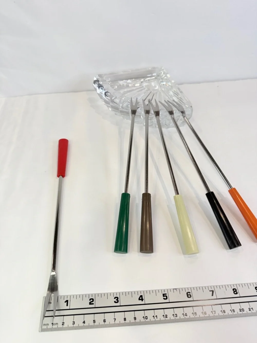 10 inch “Vintage Fondue Fork Set 6 Color Handle Retro 70s Appetizer Picks”